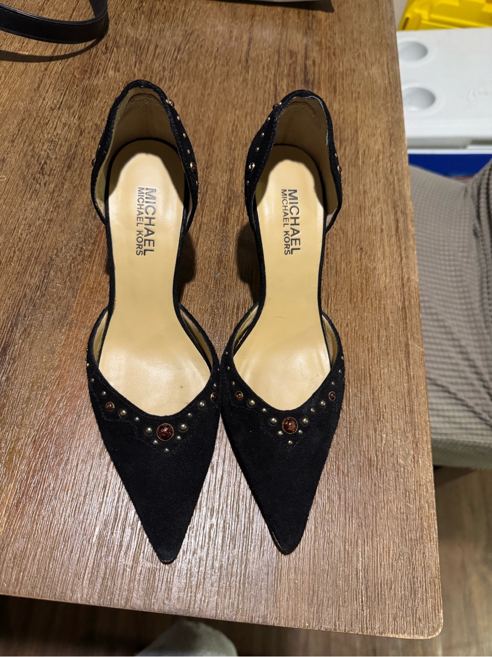 MICHAEL Michael Kors Black Pointed Slingback Heels with Stud & Jewel Detail